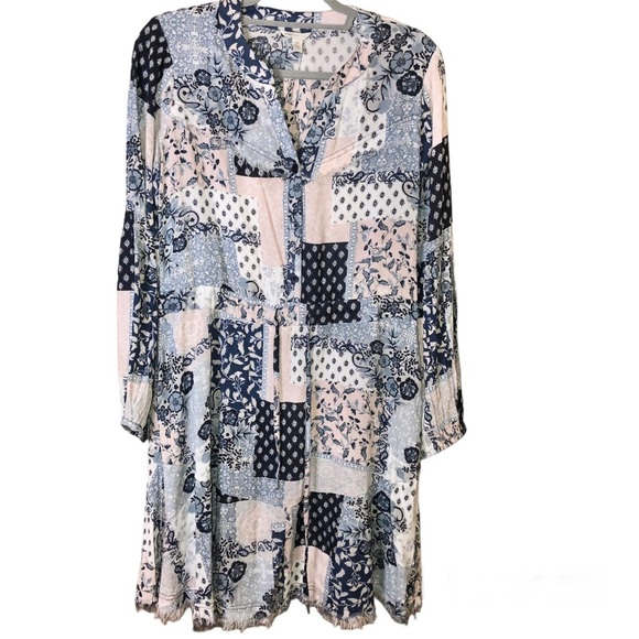 Cato Quilted Patchwork Long Sleeve V Neck Dress Blue Pink Size Medium - Picture 1 of 7